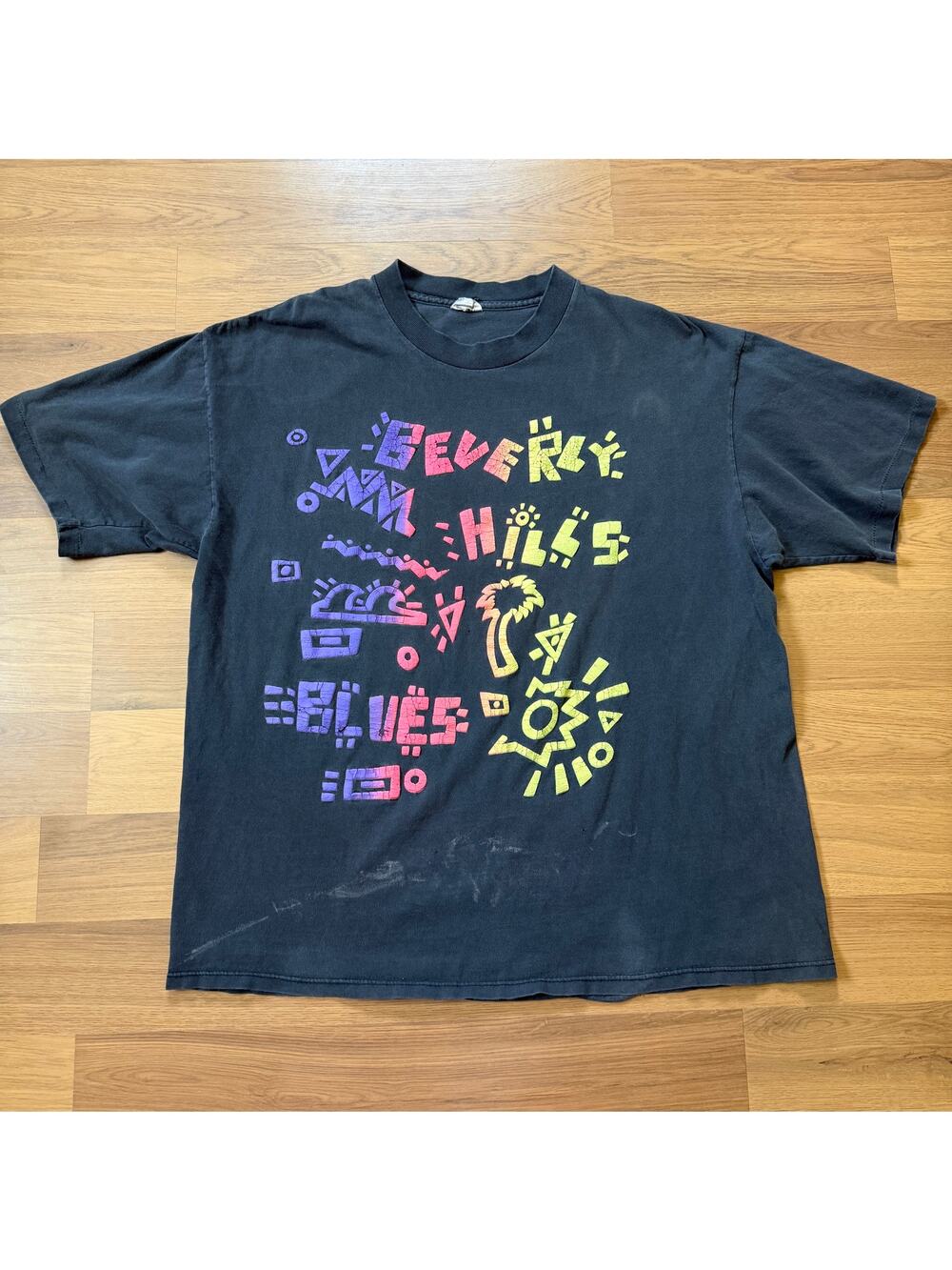 Men's Vintage 90's Beverly Hills Blues Black Faded Puff Print Tee Shirt Sz Large